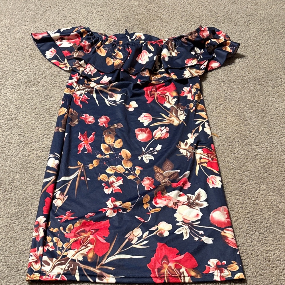 Amazon Navy Floral Off-Shoulder Midi Dress